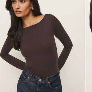 Reformation Chocolate Brown Boatneck Long-Sleeve Top